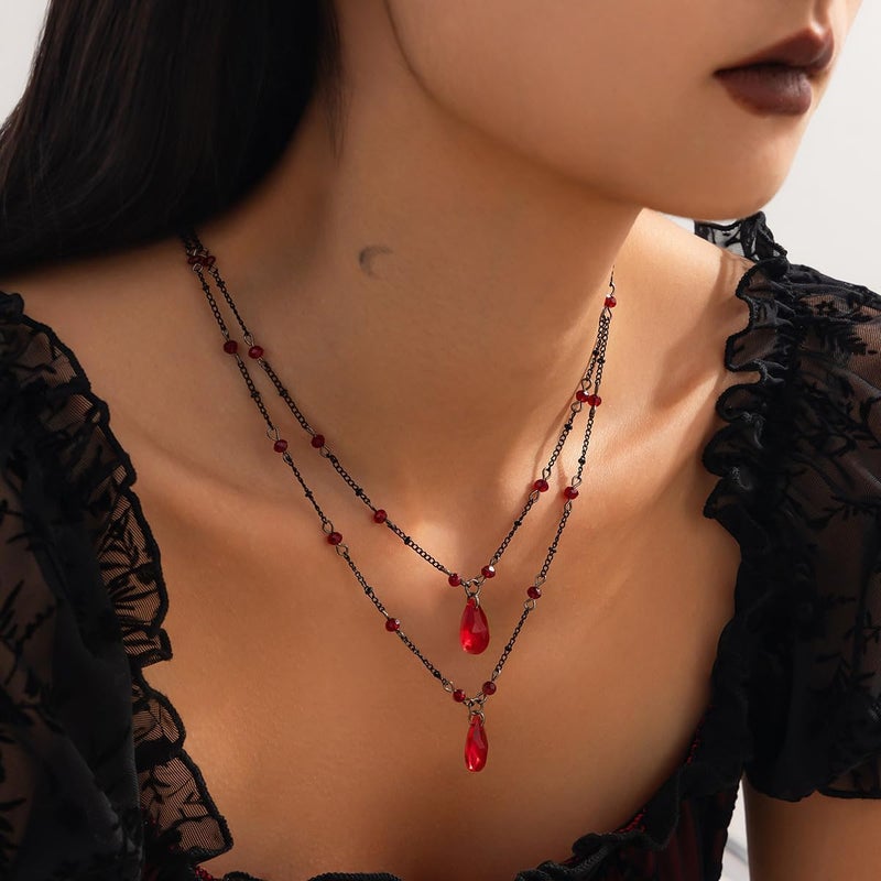 Cicod Gothic Y Necklace,Goth Black Red Crystal Bead Teardrop Necklace,Punk Y Necklace,Halloween Christmas New Year Jewelry Vampire Accessories for Women - Image 1